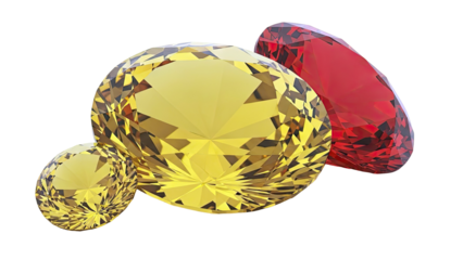 Three faceted gemstones: yellow and red