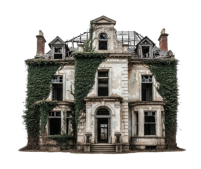 A dilapidated, abandoned mansion with ivy growing on its walls and roof, set png transparent