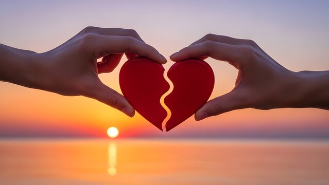 Hands holding broken heart silhouette at sunset, emotional love loss concept for heartbreak, separation and relationship storytelling