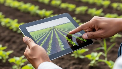 Farmer utilizing a tablet computer to monitor crop growth and analyze data in a field