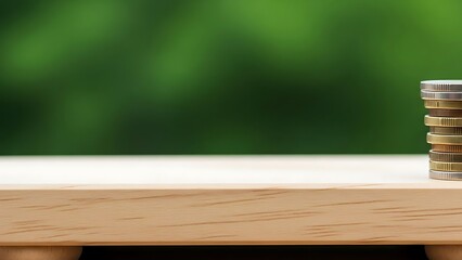 A stack of diverse coins rests on a wooden surface with a soft green blurred background, suggesting financial growth and stability