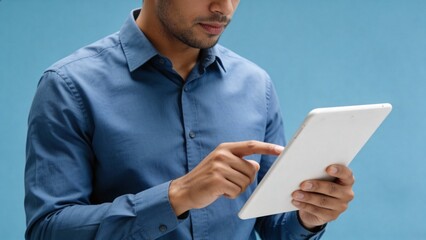 Man using tablet against blue background