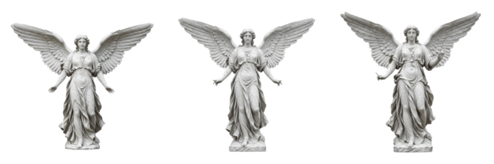 Set of three winged angel statues in different poses isolated on white background, stone sculpture of female celestial figure