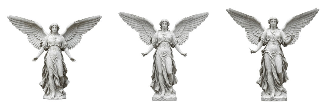 Set of three winged angel statues in different poses isolated on white background, stone sculpture of female celestial figure