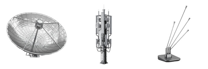 Telecommunication equipment set including satellite dish, mobile cell tower, and radio antennas isolated on white background
