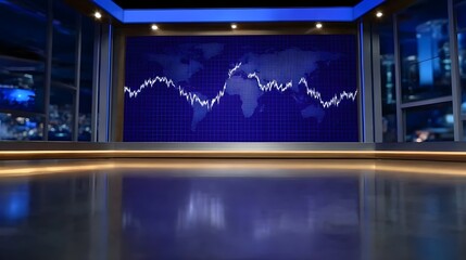 Modern news studio set featuring a world map with a fluctuating financial graph on a large screen