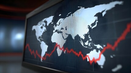 A world map displayed on a digital screen with a fluctuating red graph visualizing global economic trends and data