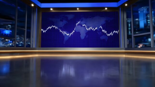 Modern news studio set featuring a world map with a fluctuating financial graph on a large screen - Powered by Adobe