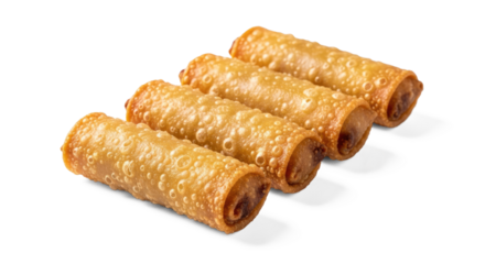 Four golden brown egg rolls with a crispy exterior and a filling inside.