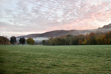 Fototapeta premium Misty Autumn Morning Meadow With Forested Hills and Pink Sunrise Sky