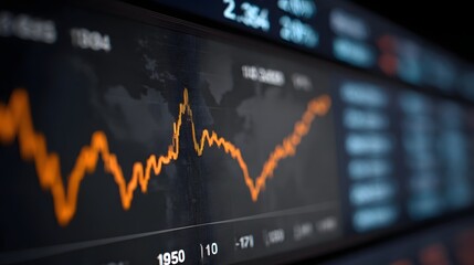 Close up of an orange financial graph showing market trends and economic data on a digital display screen