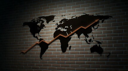 An orange line graph with an upward arrow signifies global economic growth and upward trends projected onto a textured brick wall background