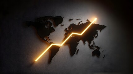 A glowing orange arrow graph indicates upward economic trends across a dark world map