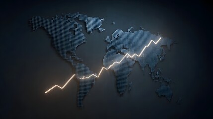 A pixelated world map displays an upward trending graph symbolizing global economic growth and financial progress
