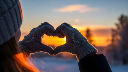 Hands forming glowing heart at sunset, romantic Valentine love symbol for couples, dating, engagement, wedding and emotional connection themes