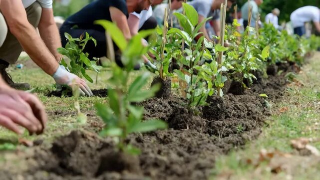 Medium shot of volunteers planting young trees in a community park to promote reforestation and environmental conservation