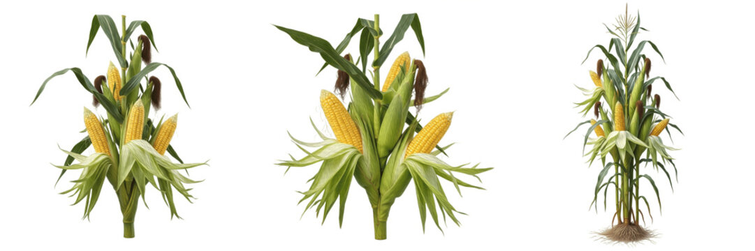 Fresh Corn Plants and Ripe Maize Cobs Set: