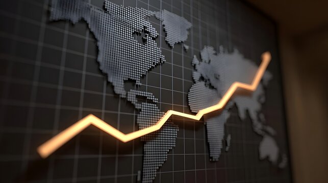 A glowing orange line graph showing upward global economic trends over a dotted world map - Powered by Adobe