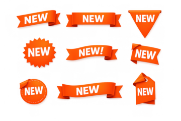 Orange new labels set for product promotion, advertising new arrivals, collection, special offers on transparent background