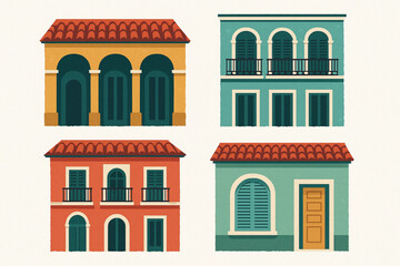 Naklejka premium Cuban Colonial Architecture Icon Set Flat Vector Illustration