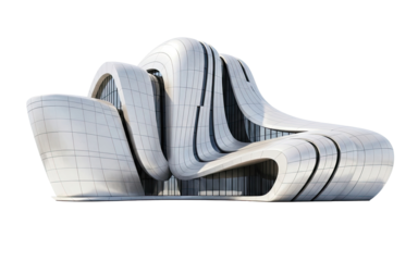 A modern, futuristic building with a white and black facade, featuring a unique, flowing design.