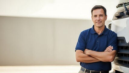Confident male mechanic in blue polo shirt with arms crossed leaning on a vehicle.