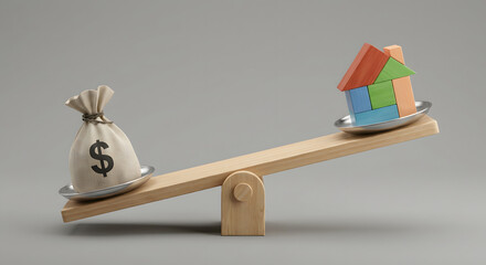 canvas money bag with dollar sign and colorful wooden house model balancing on seesaw representing real estate costs property investment budget and financial home purchase