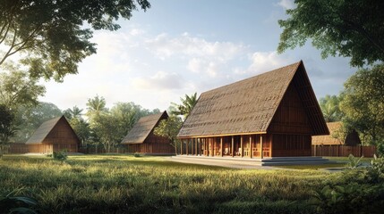 Obraz premium Tranquil Tropical Wooden Houses in Lush Greenery