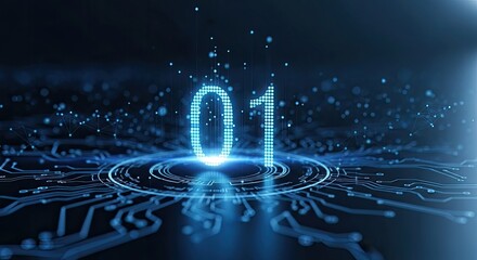 A digital number 01111111 on a blue circuit board with a glowing ring around it.