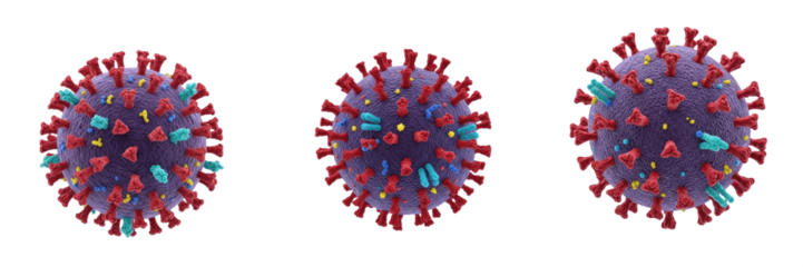 Set of 3D coronavirus cell models isolated on white background, microscopic view of virus strain, pandemic and medical research concept