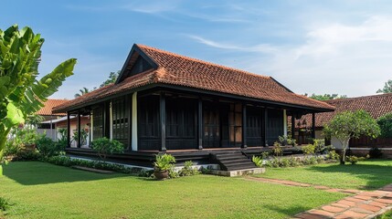 Obraz premium Tranquil Vietnamese House: A Picturesque Scene of Traditional Architecture