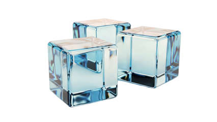 Three transparent blue ice cubes on a white background
