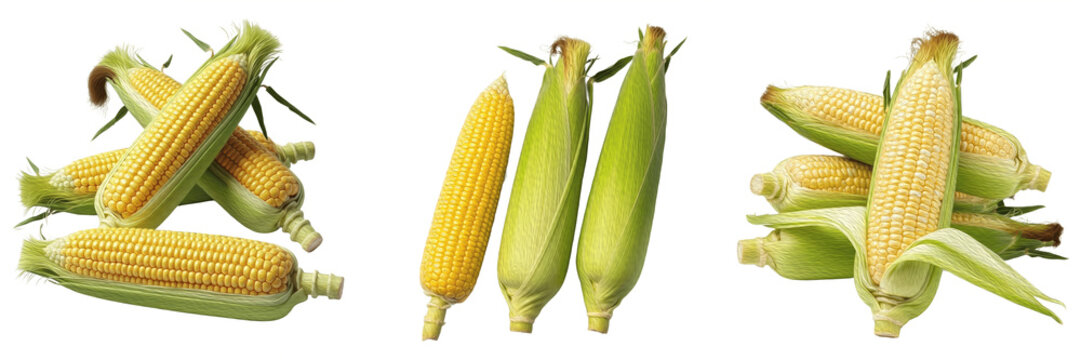 Fresh sweet corn cobs with green husks isolated on white background, raw organic maize ears set for cooking