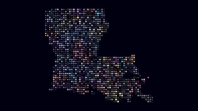Louisiana animated shape. Pulsating colored dots on the map of the state. Small size circle blocks. Digital style Louisiana map on dark background. Amazing animation video.