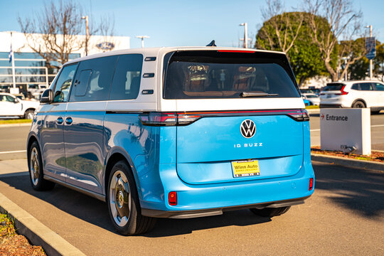 Rear view of Volkswagen ID. Buzz electric van at dealership in Newark, California, USA