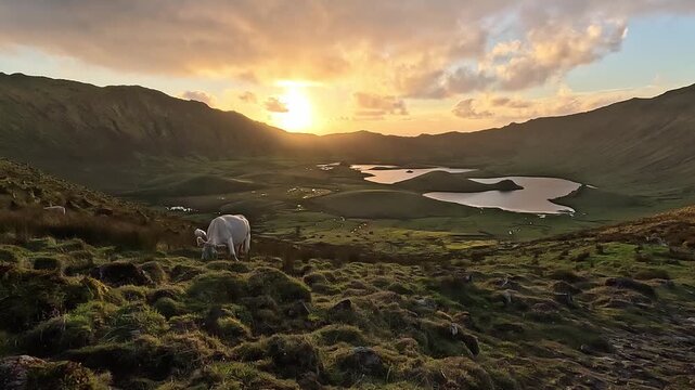 Golden sunset illuminating the volcanic caldera of Caldeirao on Corvo Island, Azores, Portugal