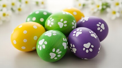 colorful Easter eggs with white patterns on table