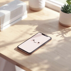Cute smartphone with smiling face its screen rests modern wooden desk, illuminated by soft daylight from window, creating minimal workspace