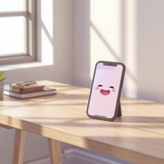 Cute smartphone with smiling face its screen is placed modern wooden desk, illuminated by soft daylight from window, creating minimal workspace