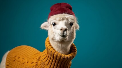 Obraz premium Alpaca Wearing a Red Beanie and Yellow Sweater image stock