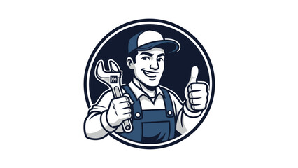 Friendly Mechanic with Wrench and Thumbs Up in Circular Logo Design.