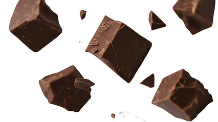 Pieces of dark chocolate falling close up on a white background