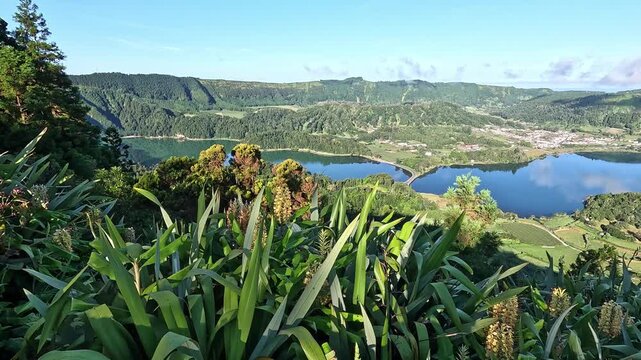 The twin lakes Lagoa Azul and Lagoa Verde, Sete Cidades, Sao Miguel Island, Azores, Portugal