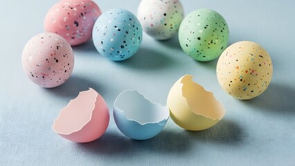 colorful Easter eggs and broken eggs on blue surface