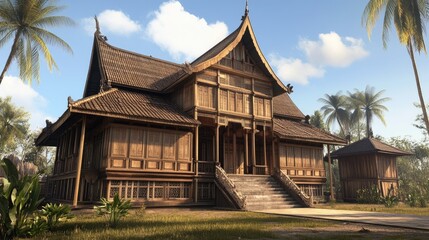 Fototapeta premium Magnificent Indonesian Wooden House in Tropical Paradise