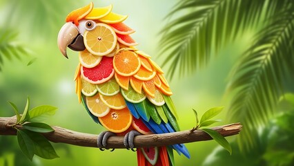 Parrot Made of Fresh Fruit Slices Perched on a Branch bird food