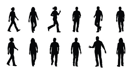 Various silhouettes of people walking and standing isolated on white background, Vector