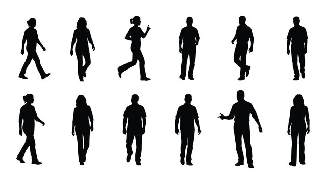 Various silhouettes of people walking and standing isolated on white background, Vector