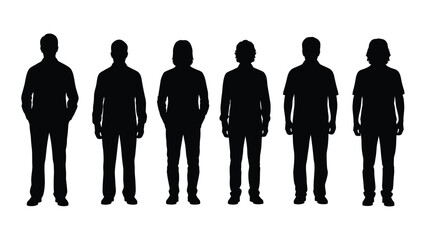 Silhouettes of six individuals standing isolated on white background, Vector