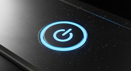 A sleek, black, metallic surface with a glowing power button in the center, emitting a blue glow.